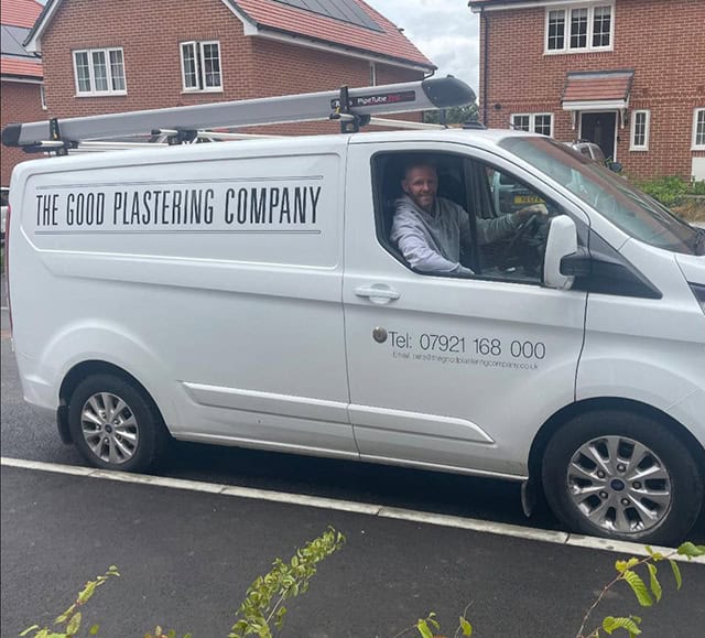the good plastering company van with owner